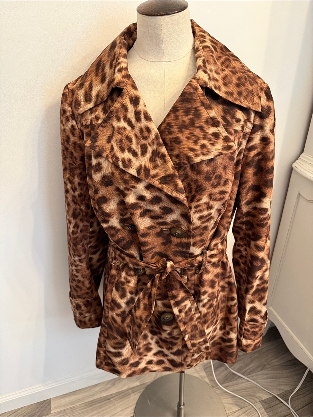INC International Concepts Brown Leopard Print Tie-Waist Trench Coat